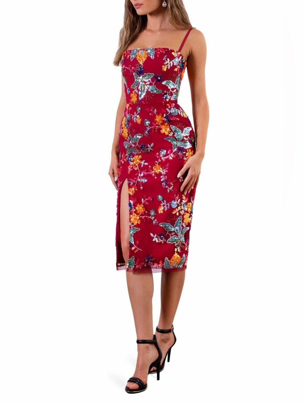 Helsi Sonya Floral Sequin Cocktail Midi Dress Crimson Floral Size Small
